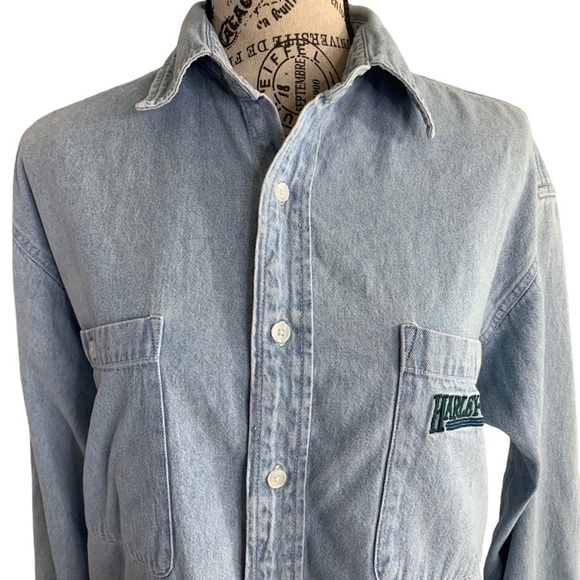 Harley Davidson Denim Shirt button down light wash long sleeve pocket men small - Picture 2 of 11